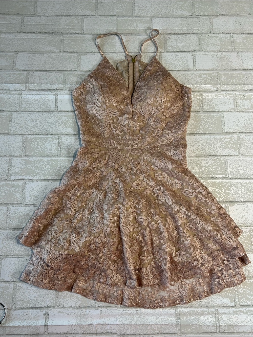 Windsor Homecoming Strappy Lace Fit & Flare Mini Dress in Taupe size large - Picture 2 of 9